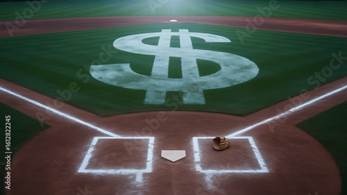 Baseball diamond transformed into a winning symbol of financial prosperity and lucrative sports investments under stadium lights.
