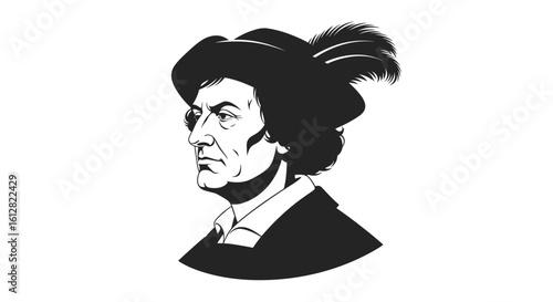 Historic explorer portrait illustration in black and white style