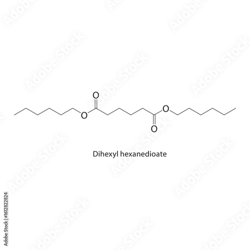 Dihexyl phthalate skeletal structure. Phthalate Ester compound schematic illustration. Simple diagram, chemical formula.