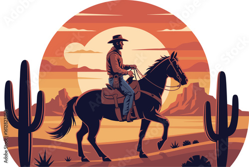 Cowboy Riding Horse in Desert Landscape