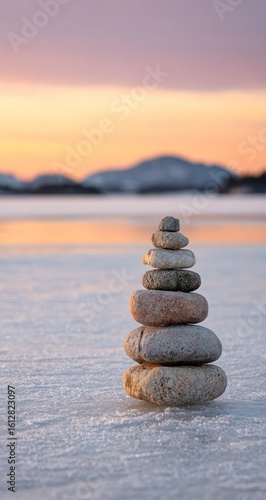 Stacked stones on a frozen lake at sunset. Rocks balance with a pink and orange sky, mountains in the background. Serene and peaceful composition