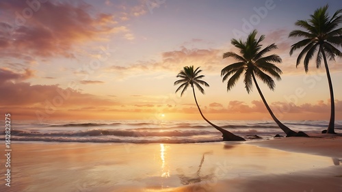 Golden sunlight casting reflections on a wide sandy beach with seashells and driftwood, painterly realism, wide-angle view