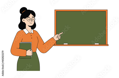 Engaging teacher pointing at blackboard holding book, ready to educate students
