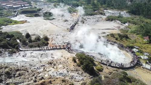 Aerial drone view of Sikidang Crater Dieng, Wonosobo panorama