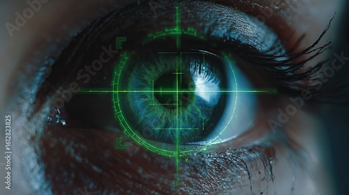 Ophthalmology AI system scanning retina for diabetic retinopathy, green laser grid over patient's eye, dark clinic ambiance 