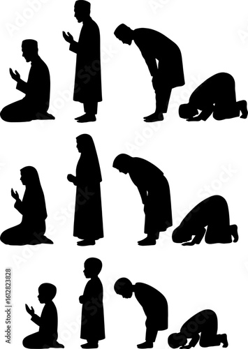 A family praying  a Namaz in black and white silhouette with white background 