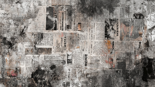 Black and white newspaper collage with distressed vintage texture. Retro newspaper background with old paper and grunge surface details. 