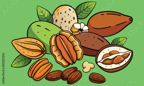 assortment of nuts including pecans walnuts almonds and cashews on white