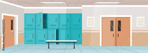 Student locker. Classroom illustration. School interior. Locker room. School hallway. Lobby.