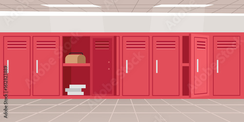 Open locker illustration. Storage locker. Locked locker. Red cupboard. School lockers.