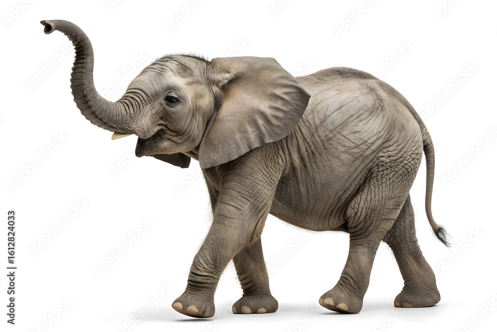 Fototapeta premium African baby elephant walking isolated on white background