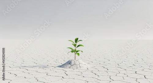 Lone seedling sprouts from arid cracked earth symbolizing resilience and hope