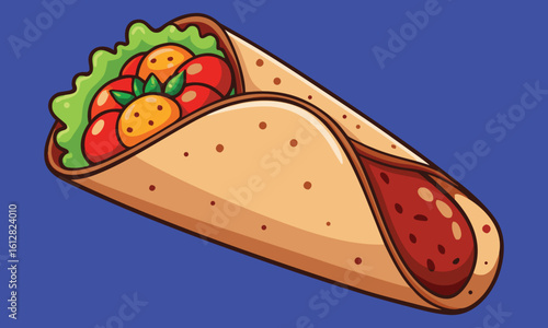 Close up of grilled burrito with ground beef melted cheese vegetables and hot sauce