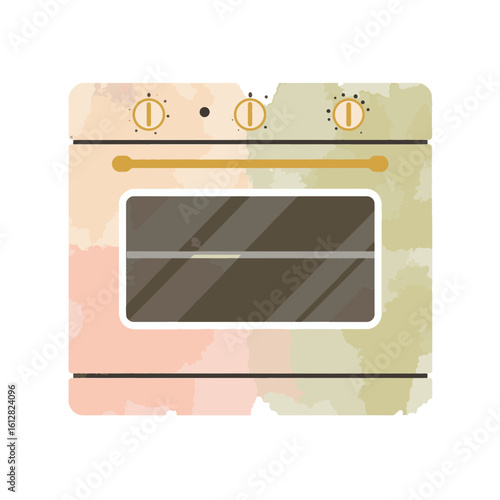 Pastel oven illustration with gold and olive accents, kitchen decor concept