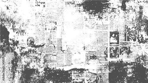 Vintage newspaper collage texture with rough aged paper design. Grunge newspaper texture with old print and monochrome collage style. 