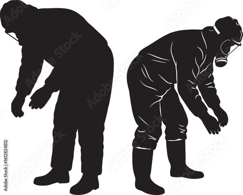 Two figures in hazmat suits bending down silhouette