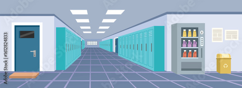 Office hallway illustration. School hallway. Student locker. Headmaster room. Classroom door. Archive room.