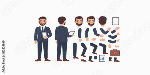 Print  Fashionable business man holding tablet. Character constructor for animation. Front, side and back view set. Body parts, postures, poses collection. Vector illustration. 