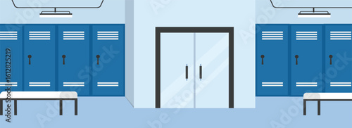 Locker room entrance. Gym locker room. School lockers. Locker room interior. 