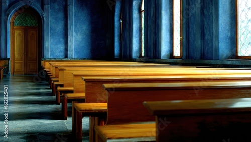Wallpaper Mural Church interior Sunlight filters through windows onto rows of empty wooden pews. Arched doorway at the end, cool blue walls, polished floor. Still and quiet atmosphere Torontodigital.ca