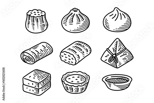 Asian dumpling food hand drawn icon set. Chinese dessert snack engraved element design pack. Traditional cuisine illustration bundle. Dim sum culinary symbol collection. Vector Illustration