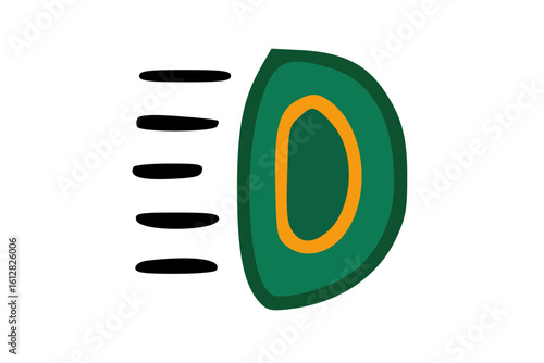 Abstract illustration of a green shape with an orange center and black lines emanating from the side.