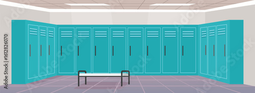 Locker room school. Dressing room. Gym locker room. Gym locker room hallway. Corridor. 