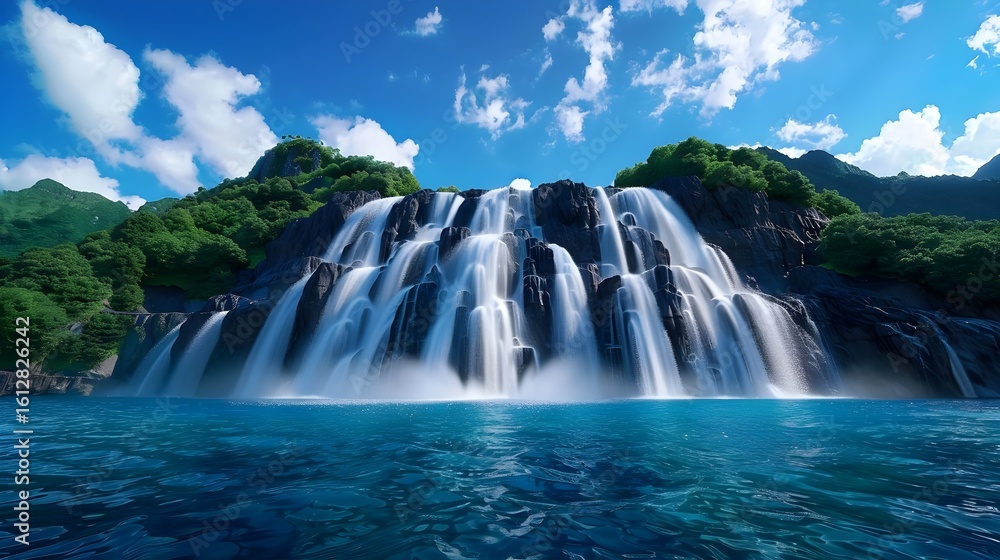 Fototapeta premium Majestic Waterfall Cascading over Rocks into a Crystal Clear Pool