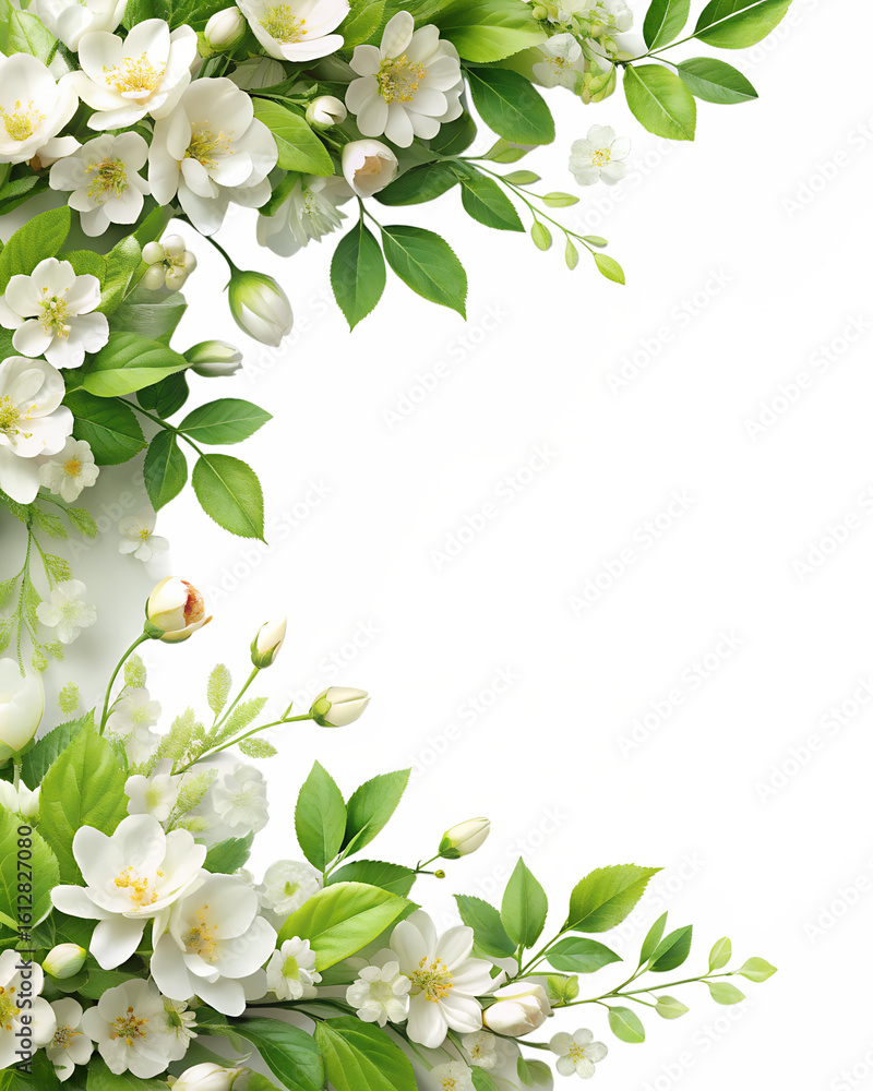 Fototapeta premium An elegant arrangement of white flowers and green leaves forming a decorative border, isolated on white isolated on transparent background