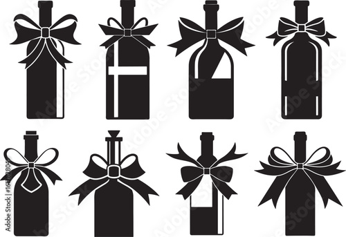 set of wine bottle gift with ribbon silhouette, black and white silhouette, vector and illustration