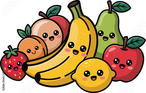 Adorable kawaii fruit characters smiling together, vibrant and cheerful for kids' designs