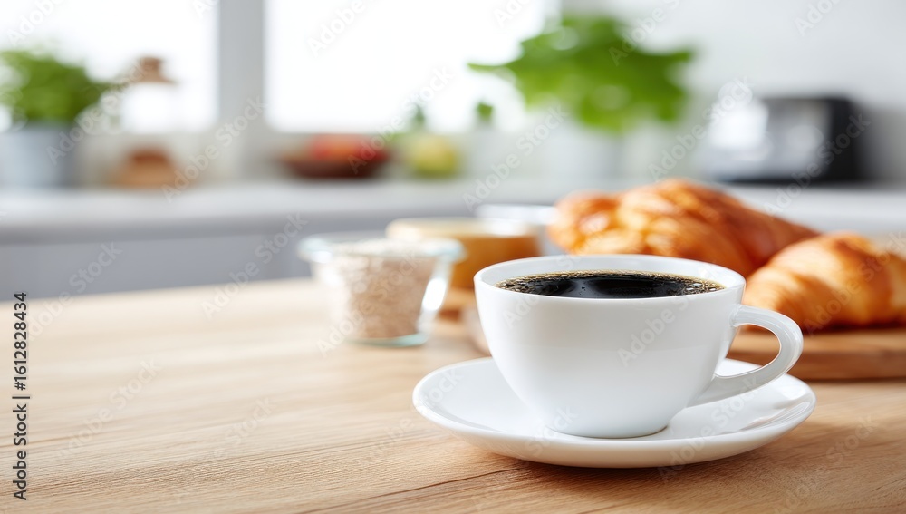 Obraz premium Simple Breakfast Still Life. Cup of black coffee on a saucer sits on a wooden table with croissants, oatmeal in a jar, and blurred kitchen background with plants and window