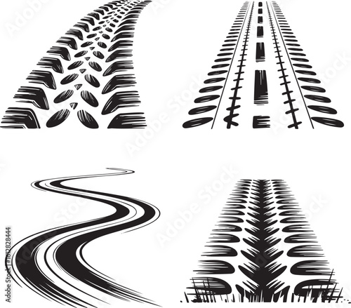 Hand drawn style Tire track mark silhouette isolated on transparent background