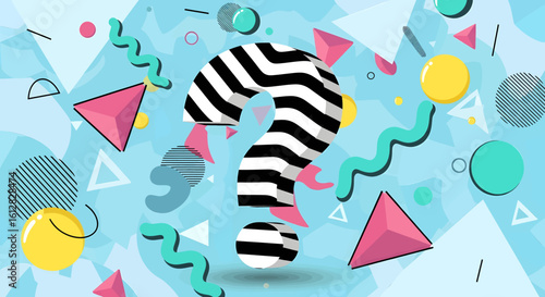 Bold 80s Memphis Style Design with Geometric Shapes and a Giant Question Mark, Perfect for Retro Vibes and Creative Concepts