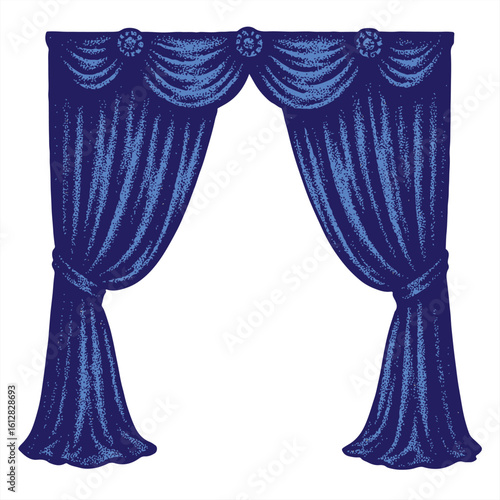 Blue Vintage Theater Curtain Clipart, Retro Halftone Stage Drapes for Scrapbook, Collage Art, mixed media design