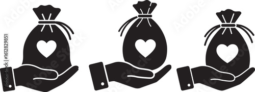 Three hands holding bags of hearts silhouette
