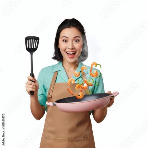 Excited Asian woman in an apron joyfully cooking, tossing shrimp and peppers in a pink pan.