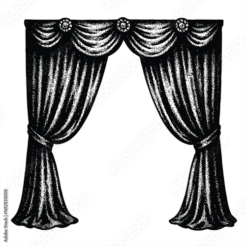 Halftone style stage curtain graphic with texture. Perfect for vintage collage compositions, theatrical backdrops, gothic scrapbooking, dramatic printable art, mixed media designs 