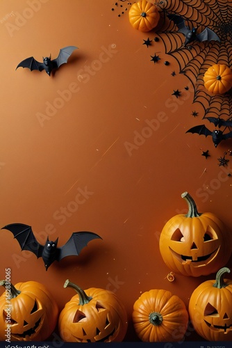 Spooky halloween pumpkins and bats on an orange background