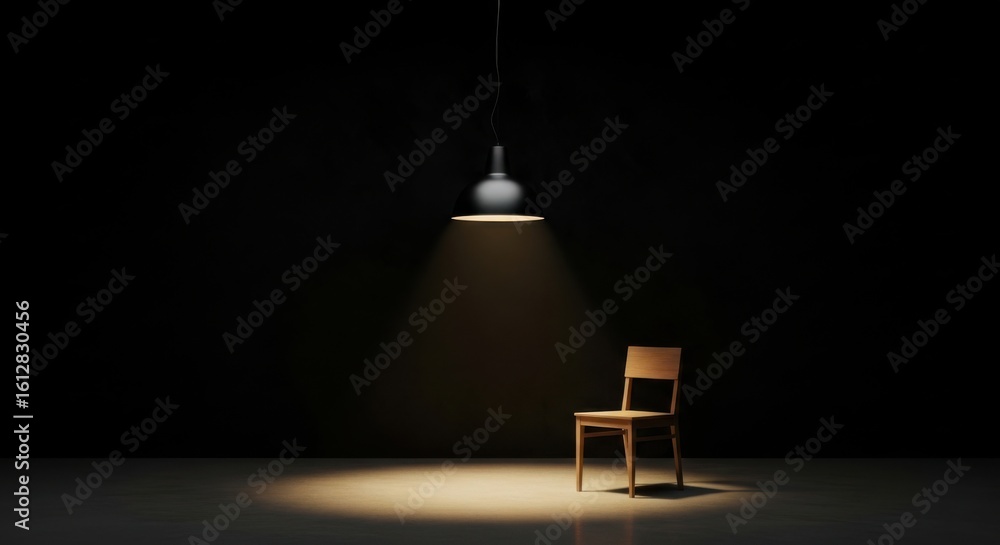 Obraz premium Single Wooden Chair Lit by Spotlight in Dark Room