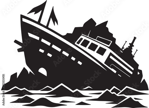 wrecked ship silhouette, black and white silhouette, vector and illustration