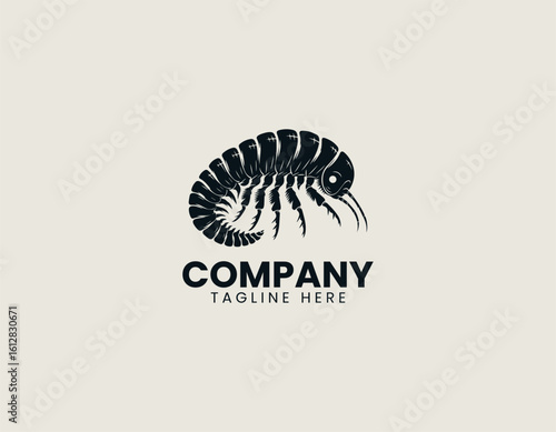 Stylized black silhouette of an isopod with segmented body and multiple legs. Entomology illustration concept