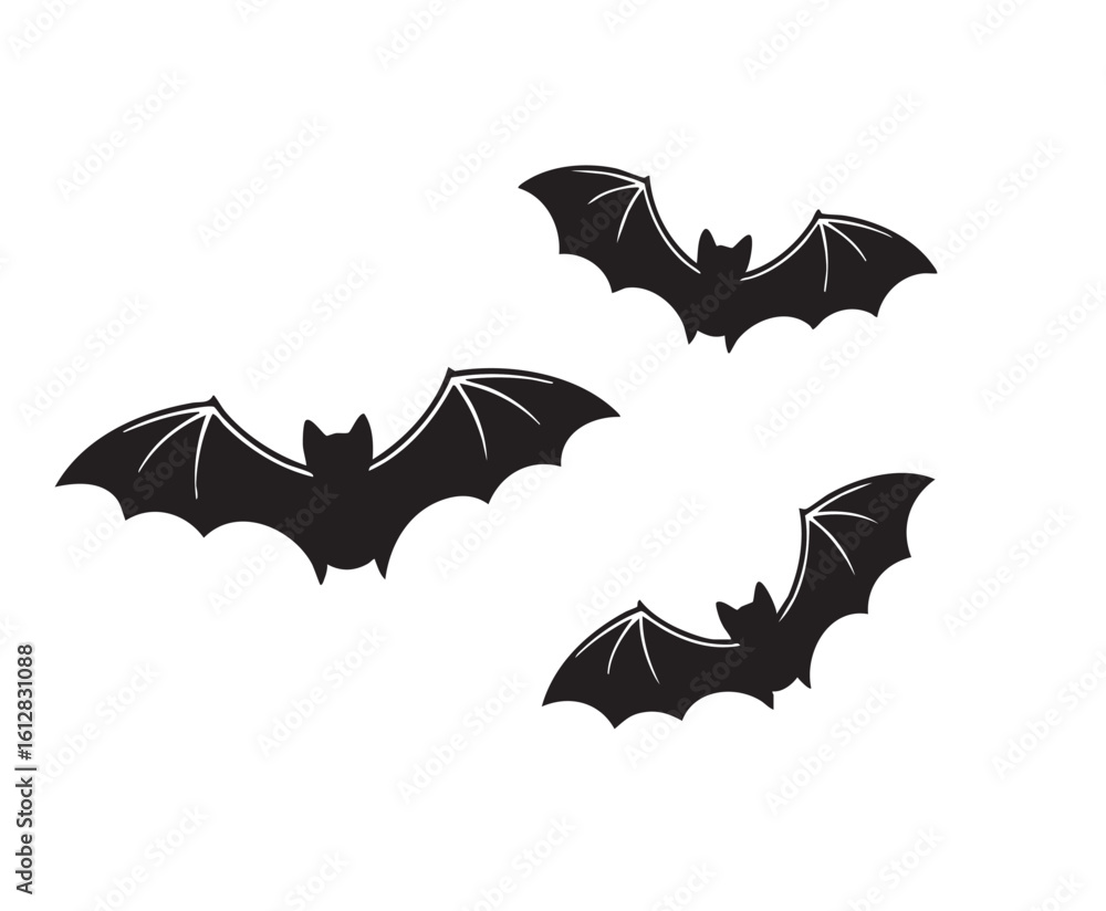 Fototapeta premium Three black bats in flight on white background flying animal