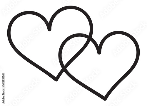 Two black hearts intertwined on a white background love romance