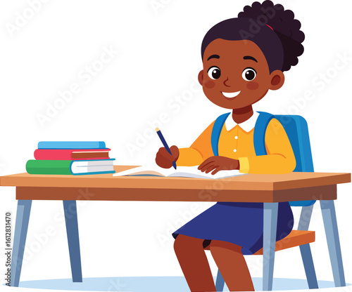 Cute African American school girl studying at a desk with books, kids' education vector illustration