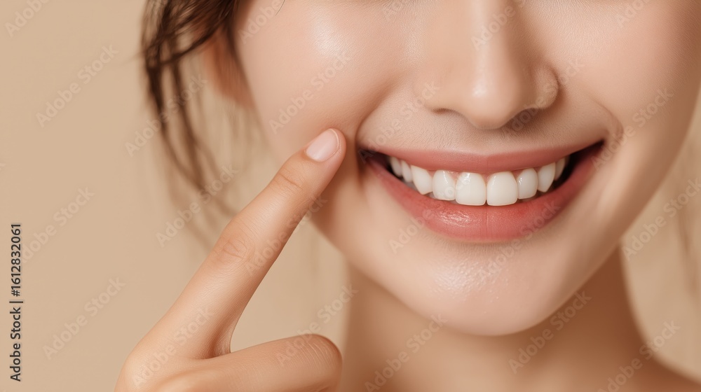 Fototapeta premium A woman with a white smile and a finger pointing to her teeth. Concept of confidence and positivity
