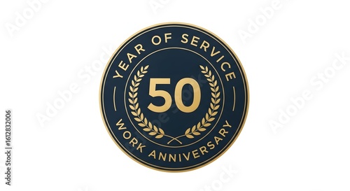 Premium fifty year of service work anniversary golden badge. A classic emblem for celebrating a 50-year professional jubilee, employee loyalty, and corporate milestone. Isolated on whit