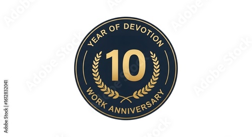 Simple and elegant 10 year of devotion work anniversary golden emblem. A clean circle logo for celebrating a decade of service, employee loyalty, and professional jubilee. Isolated on white