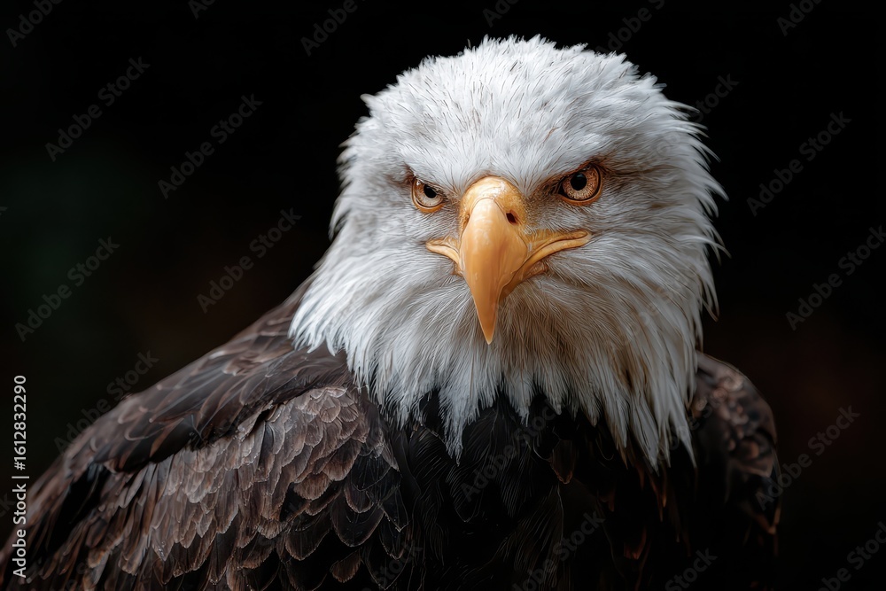 Obraz premium Intense eagle stare captured in a close-up portrait showcasing intricate feather details against a dark background in natural habitat during golden hour