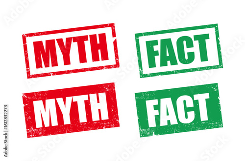 Myth and fact set red grunge rubber stamp, green and red color. For icon, logo, label, seal, tag, sign, symbol, badge. Vector illustration